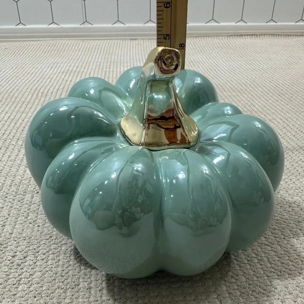 Ceramic Teal Glazed Pumpkin Figurine with Metallic Gold Stem Fall Decor 8in